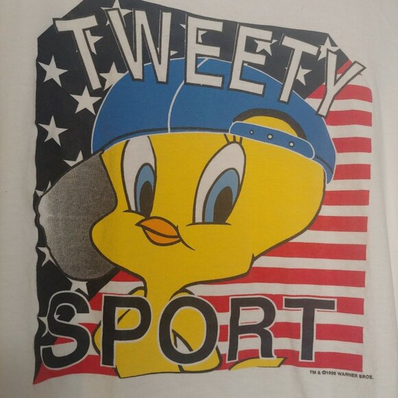 Vintage 1996 Tweety Bird Sport Womens XL Tank Top Cropped USA Flag EUC - Picture 4 of 5
